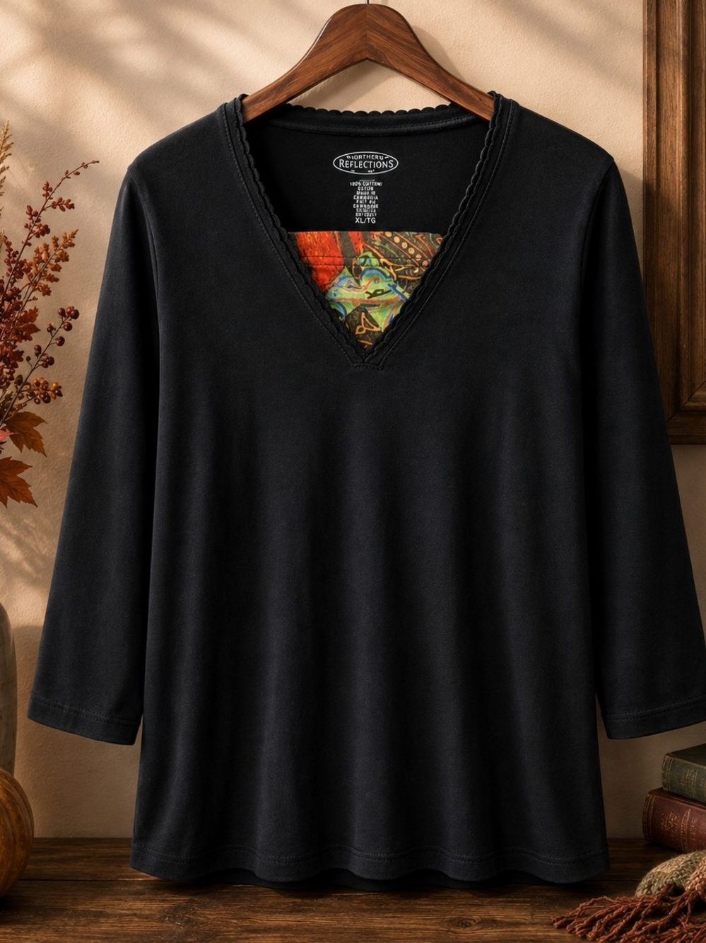 Northern Reflections Black Cotton Paisley V Neck 3/4 Sleeve Top XL